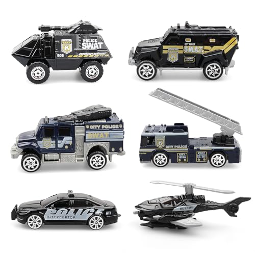 6 Pack Diecast Police Car Toy Set – Mini Alloy Police Vehicles for Boys Ages 3-7, Includes Armored Car, Rescue Truck, Bulletproof SUV, Military Helicopter – Birthday Gift for Kids