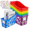 6 Pack Plastic Book Bins for Classroom with Label Stickers Book Storage Bins Large Stackable Toy Storage Baskets Boxes for Back to School Home Library Office Bookshelf Organization Supplies (Rainbow)