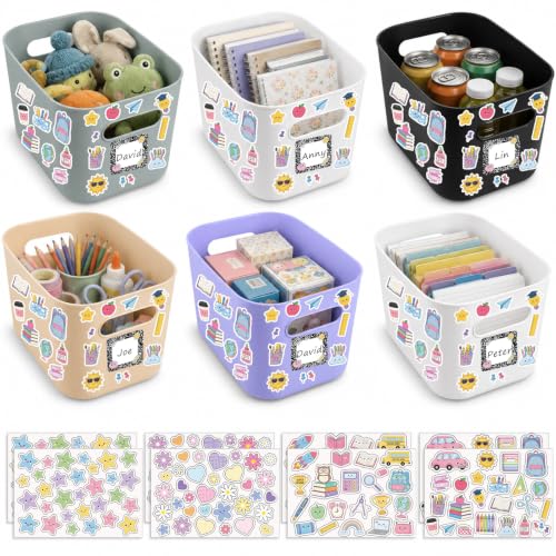 6 Pack Plastic Book Bins for Classroom with Label Stickers Large Stackable Toy Storage Baskets Boxes Book Storage Bins for Back to School Library Home Office Bookshelf Organization Supplies (Colorful)