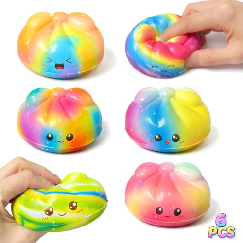 6 Pack PU Foam Colorful Dumpling Squishies Toy,Slow Rising Squeeze Toys,Squishy Fidget Squishies, Stretchy Squeeze Balls for Kids Adults, Sensory Stress Balls for Anxiety Relief Party Favors