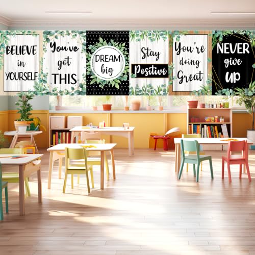 6Pcs Classroom Greenery Curtains Back to School Eucalyptus Educational Curtains Classroom Supplies First Day of School Motivational Positive Quotes Window Covers for Playroom Bedroom Decors 36" x 24"