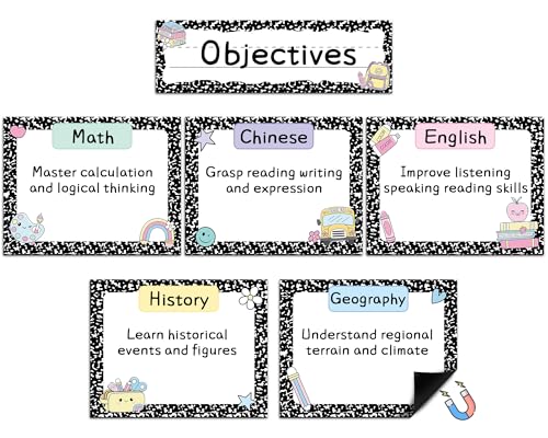 6PCS Composition Magnetic Write Wipe Paper Organization Chart Pastel Dry Erase Objectives Learning Magnets Whiteboard Accessories Objectives for Back to School Classroom Goals Targets Teacher Supplies