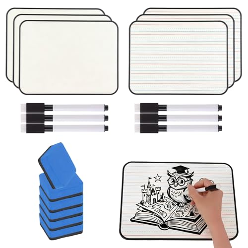 6 Pcs Double Sided Dry Erase Boards with Black Pens and Metal Adhering Erasers, 11.9 x 8.9 in White PVC Mini Whiteboards, One Side with Lines for Writing Practice, for Home School and Tutoring