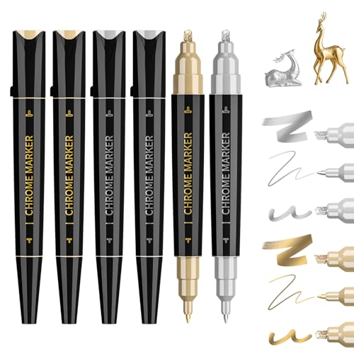 6 PCS Dual Tip Liquid Mirror Chrome Markers, Permanent Reflective Metallic Paint Pen with 3 Gold and 3 Silver, High Gloss DIY Model Painting, Touch Up Repair Kit for Plastic Metal Glass Resins 