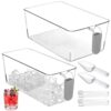 6 PCS Freezer Ice Bin Set, Clear Plastic Ice Bin with Scoop and Tong, Transparent Ice Bucket with Pull-out Handle for Freezer, 2 Sizes Ice Container for DIY Drink, Summer Party Storage Organizer