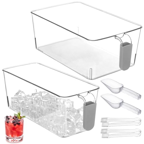 6 PCS Freezer Ice Bin Set, Clear Plastic Ice Bin with Scoop and Tong, Transparent Ice Bucket with Pull-out Handle for Freezer, 2 Sizes Ice Container for DIY Drink, Summer Party Storage Organizer