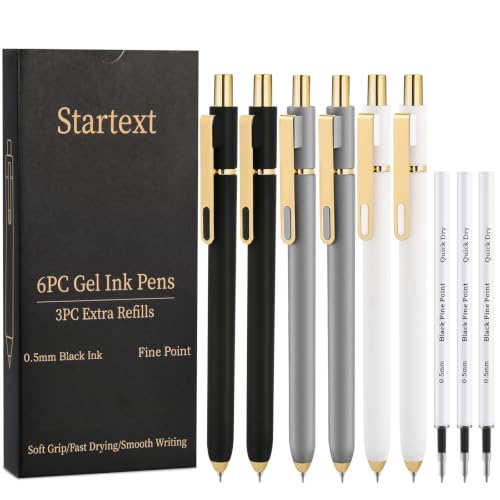 6Pcs Gel Pens-0.5mm Fine Point Black Ink with 3 Extra Refills, Soft Comfortable Grip,Smooth Fluent Writing,Retractable Design for Men Journal,Business Office and Nurse Note Taking (Black Gray White)