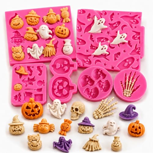 6Pcs Halloween Fondant Molds Halloween Silicone Molds Pumpkin Ghost Skull Hand Fondant Chocolate Molds Halloween Theme Food Grade Silicone Baking Molds for Cake Decoration Baking Resin Clay DIY Crafts