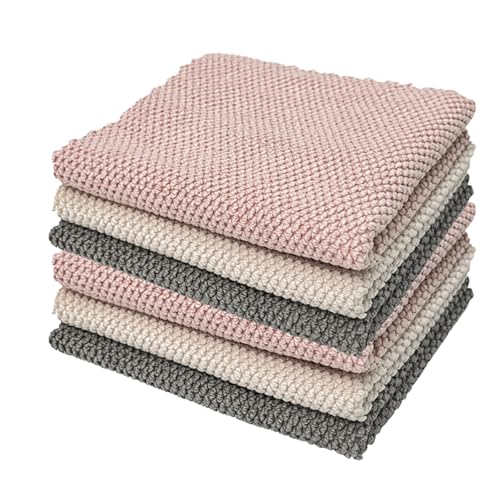 6 Pcs Microfiber Cleaning Cloths for Kitchen, Thick Absorbent Corn Texture Design with Hanging Loop, 11.8 in x 15.7 in / 30 cm x 40 cm, Beige, Gray, Pink, for Household and Dish Cleaning