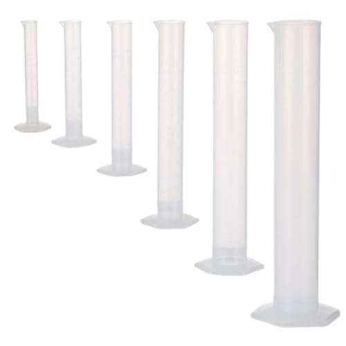 6 Pcs Plastic Graduated Cylinder Set, 10 mL to 500 mL Measuring Cylinder, PP Lab Cylinders with Clear White Scale, Wide Hexagonal Base, Tapered Spout for Laboratory Science and Teaching