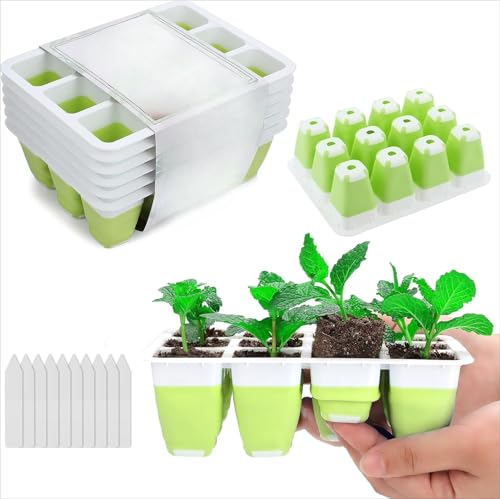 6pcs Reusable Seed Starter Kit, 72Cells Seed Starter Trays, Silicone Seedling Starter Trays for Starting Plant Seeds with Flexible pop-Out Cells, Indoor Gardening Plant Germination Trays(Green)