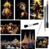 6 Pcs Scratch Art Rainbow Paper - Cityscape Night View & Classic Religious Masterpieces Sketch DIY Card Engraving Craft Color Pads for Adults and Teens Large Size 16 x 11.2 Inch Scratchboard 4 Tools