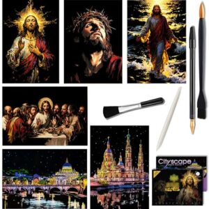 6 Pcs Scratch Art Rainbow Paper - Cityscape Night View & Classic Religious Masterpieces Sketch DIY Card Engraving Craft Color Pads for Adults and Teens Large Size 16 x 11.2 Inch Scratchboard 4 Tools
