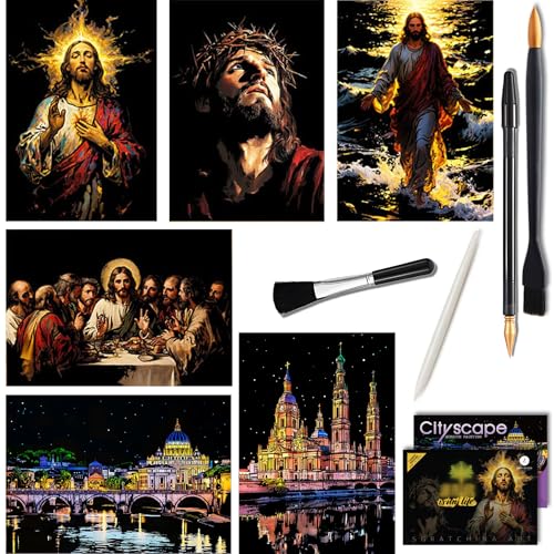 6 Pcs Scratch Art Rainbow Paper - Cityscape Night View & Classic Religious Masterpieces Sketch DIY Card Engraving Craft Color Pads for Adults and Teens Large Size 16 x 11.2 Inch Scratchboard 4 Tools