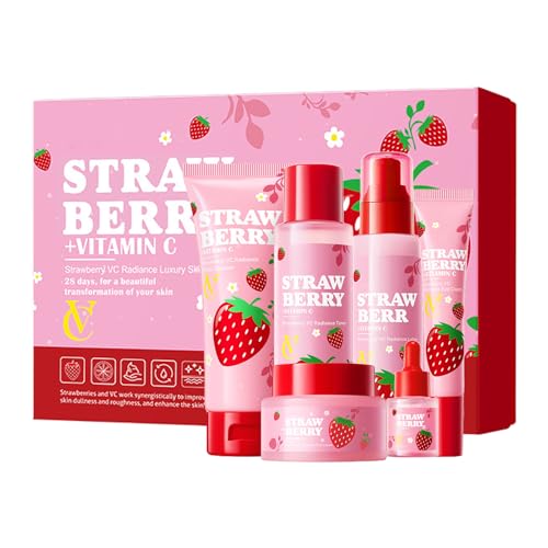 6 Pcs Strawberry Skincare set for Teens,Kids Skin Care Kit for Girls,Korean Travel Kit with Cleanser,Toner,Lotion,Serum,Eye Cream,Cream,Cute Stuff,Teen Girl Gifts Trendy Stuff,Girl Birthday Gifts