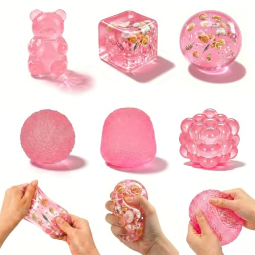 6Pcs Taba Squishies Sensory Fidget Toys Set, Gummy Bear Bubble Ice Ocean Cube & Stress Balls Pack, Kids Adults Anxiety Relief, Classroom Prize Birthday Gifts Party Favors (6Pc - Pink)