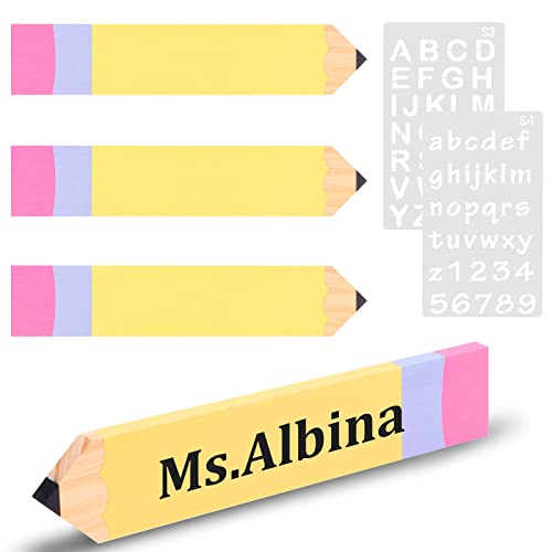 6 Pieces 9.8 x 2'' Pencil Teacher Name Plates Set Includes 4 PCS of Pencil Name Sign and 2 PCS of English Letter Template, Personalized Pencils Name Plate, Teacher Desk Name Plate for Desk Decor