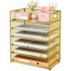 6 Trays Paper Organizer with Handle - Mesh Desk File/Letter Paper Sorter Organizer for Office, Home or School (Gold)
