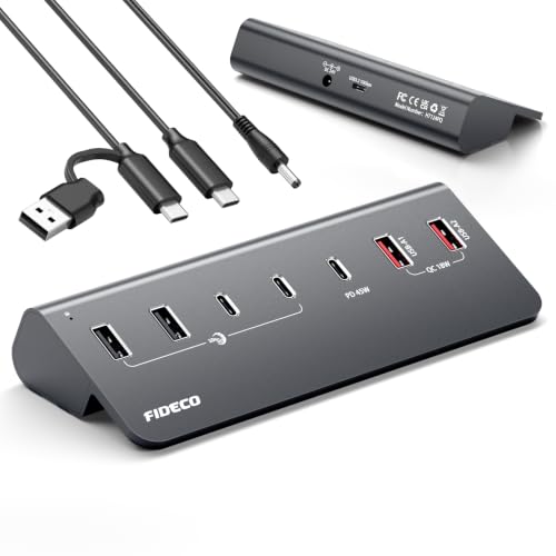 7-Port 72W Powered USB Hub, USB C Hub with 1 PD 45W, 2 QC 3.0 Charging Ports, and 4 USB 3.2 Ports (2 USB-A + 2 USB-C), Aluminum 10Gbps USB Hub for Laptop, PC, MacBook, iPhone 17/16/15, Grey
