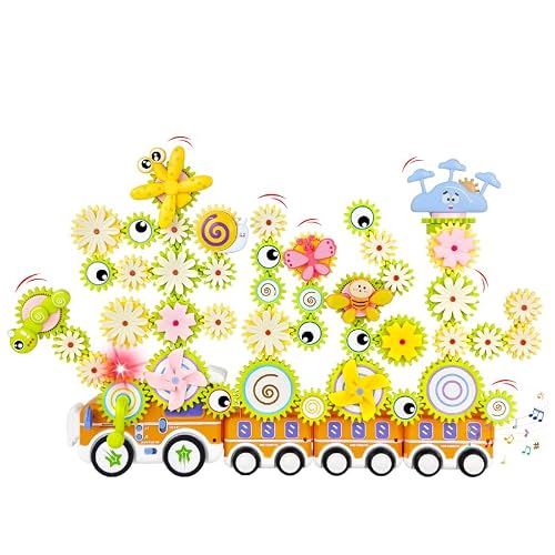 70 Pcs Montessori Toys for Toddlers 3 4 5+ Years Old - Electric Rotating Gear Flower Building Blocks, Musical Toy Train Set with Lights, DIY Assembly STEM Learning Toy, Birthday Gift for Boys & Girls