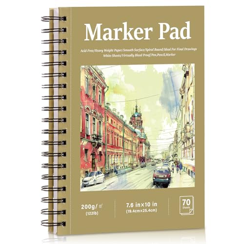 70 Sheets Hardcover Marker Paper Pad, 7.6x10in Alcohol Marker Paper Sketch Pad, 122lb/200gsm Heavyweight Spiral Sketch Book, Painting Coloring Drawing Paper for Beginners Artists Ideal Gift