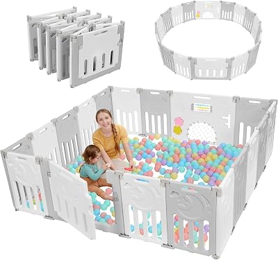 Baby Playpen, Dripex Foldable Playpen for Babies and Toddlers, Custom Shape Baby Fence, Safety Play Yard with Gate, Portable Play Area for Indoor or Outdoor, Grey White, 18 Panel