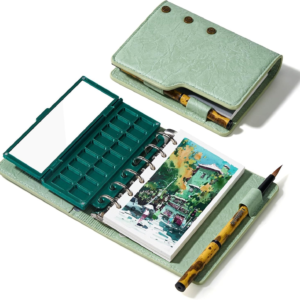 Portable Watercolor Sketchbook Set – 100% Cotton 5.1×3.0 Inch Hot Press 20 Sheets Binder Art Journal with 18-Well Ceramic Paint Palette & Travel Watercolor Brushes for Artists Outdoor Painting