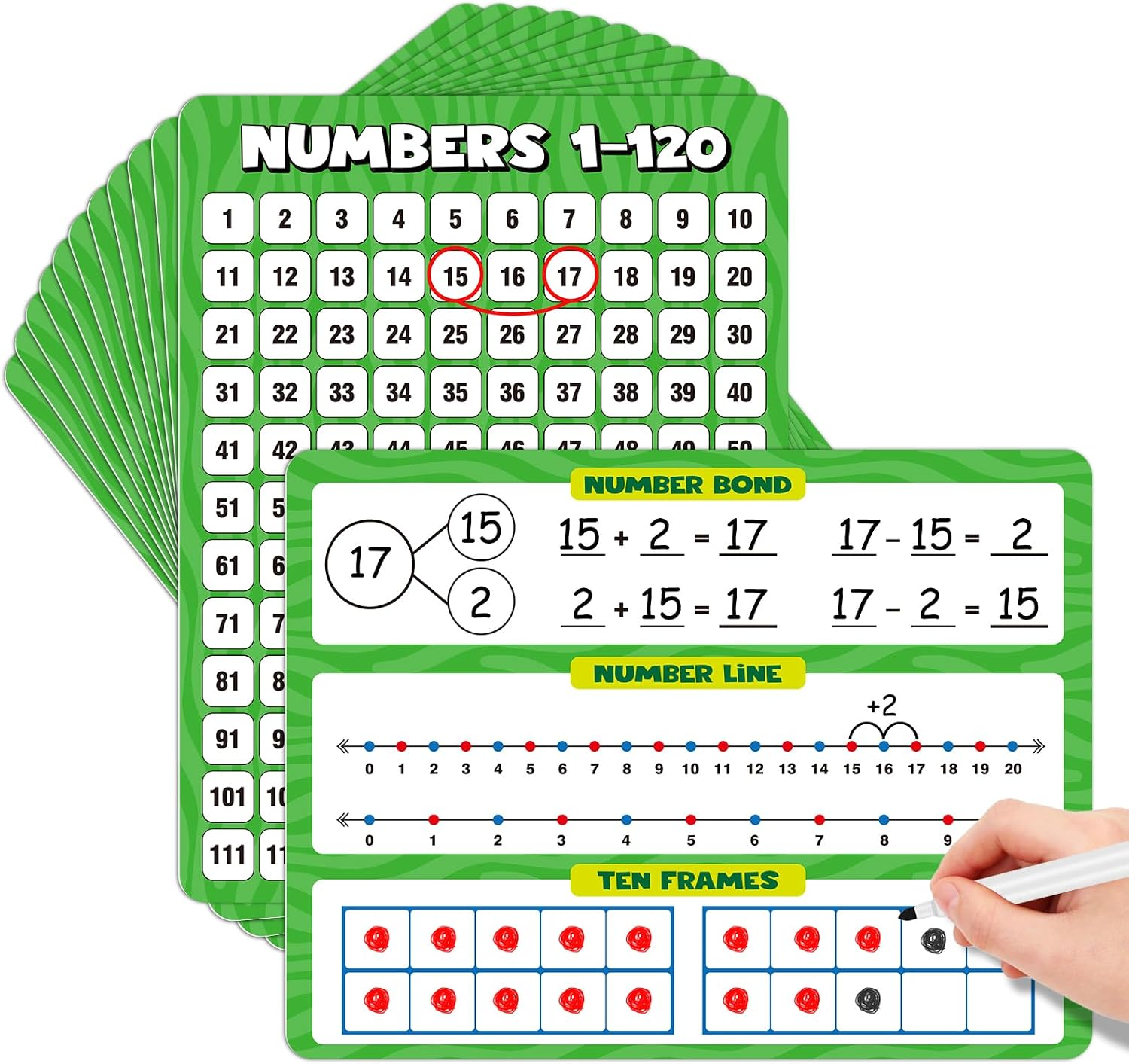 MucaDopia 12 Pack 1-120 Number Chart Dry Erase Flash Card,12" x 9" Number Line Ten Frame Math Manipulatives for Student Teacher Kindergarten 1ST 2ND Classroom Homeschool Supplies Small White Board