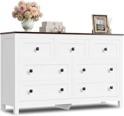 Farmhouse TV Stand, 51.18" Wide 7 Drawer Media Console for 65" TV, Wooden Storage Cabinet for Living Room, Hallway, White
