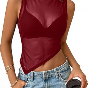 UNCLECAT Womens Sheer Mesh Mock Neck Tank Tops