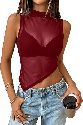 UNCLECAT Womens Sheer Mesh Mock Neck Tank Tops