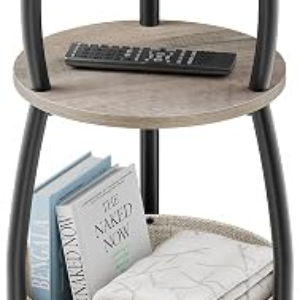 Round Side Table With Storage Basket Gray