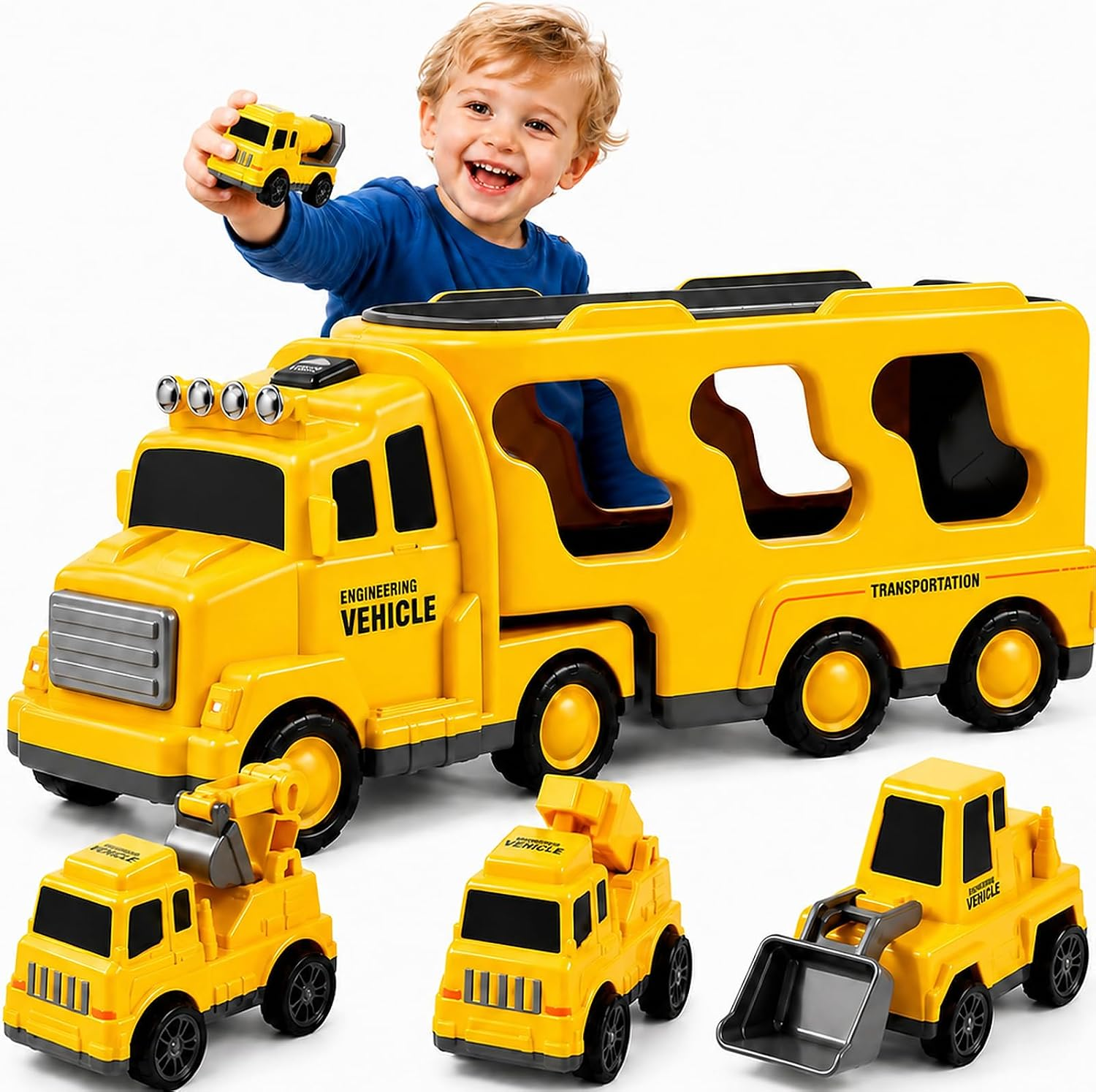 Bennol Construction Truck Toys for 1 2 3 4 5 Years Old Boys Toddlers, Cars Toys Gifts Construction Trucks with Excavator Crane Mixer Bulldozer, Toddler Car Toy Set for Kids Boys Girls