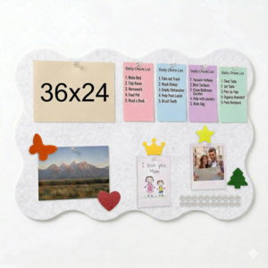 KITCHLYNE Scalloped Bulletin Board, 36×24 Scalloped Felt Bulletin Board, 3′ by 2′ Trifold Foldable Picture Display with 20 Pins & 5 Cute Decors – White