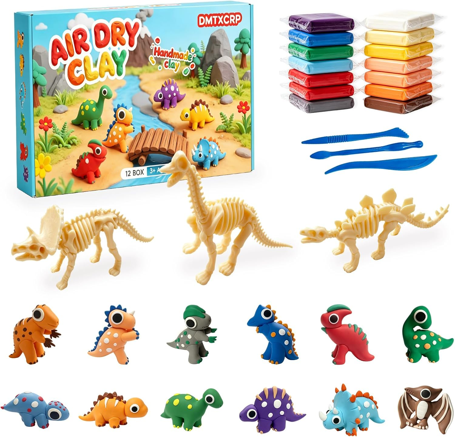 Air Dry Clay Dinosaur Kit for Kids, 12 Dino Skeleton Craft Set