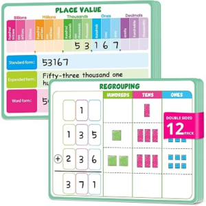 12 Packs Place Value Chart Math Manipulatives 1st 2nd 3rd, Math Games for Kids Addition and Subtraction Flash Cards, Classroom Must Haves Homeschool Supplies White Board Dry Erase Sheets