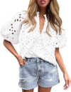 PRETTYGARDEN Womens Eyelet Puff Sleeve Blouse
