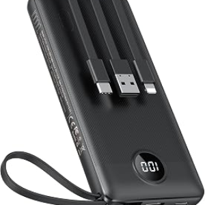VEEKTOMX Portable Charger with 4 Built-in Cables — 10000mAh Slim Power Bank, USB-C Battery Pack with iPhone & Micro USB, TSA Approved Travel Charger for iPhone, Samsung, Android
