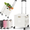SUNALLY Folding Utility Cart Portable Rolling Crate Handcart Shopping Trolley with Lockable Wheels,Lid, Collapsible Tool Box for Grocery, Travel, Garden, Shop, Office, Luggage, Teacher, White