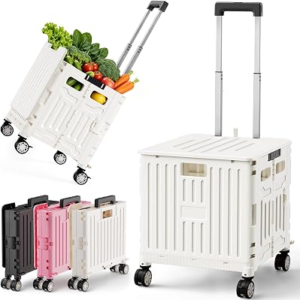 SUNALLY Folding Utility Cart Portable Rolling Crate Handcart Shopping Trolley with Lockable Wheels,Lid, Collapsible Tool Box for Grocery, Travel, Garden, Shop, Office, Luggage, Teacher, White