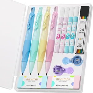 Four Candies 2.0MM Handwriting Pencils for Kids with Comfort Ergonomic Grip, 4PCS Cute Mechanical Pencils with 44PCS Lead Refills, 2PCS Sharpeners/Erasers, Aesthetic School Supplies for Kids Writing
