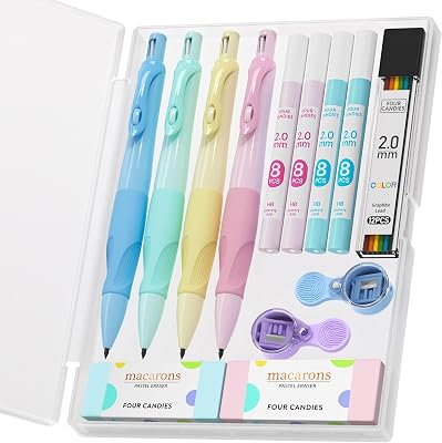 Four Candies 2.0MM Handwriting Pencils for Kids with Comfort Ergonomic Grip, 4PCS Cute Mechanical Pencils with 44PCS Lead Refills, 2PCS Sharpeners/Erasers, Aesthetic School Supplies for Kids Writing