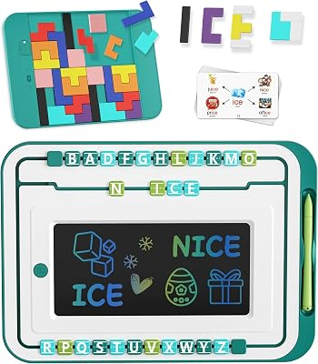 4 in 1 High End LCD Writing Tablet for Kids Drawing Pad Words Learning Writing Board with 26 Letters 2 Set Puzzles Blocks Educational Toy Kid School Stuff Class Learning Tool for Girls Boys Toddler