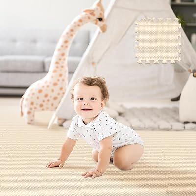 Puzzle Play Mat 48 Tiles with 96 Border Pieces, Interlocking Stitching Mat with Border for Living Room Playroom Gym, 11.8 x 11.8 Inch Beige