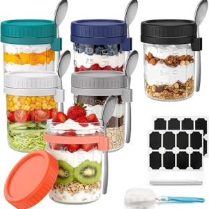 6 Pack Overnight Oats Containers with Lids and Spoons, 16 oz Airtight Oatmeal Container with Measurement Marks, Overnight Oats Jars for Cereal Fruit Vegetable Milk Salad Yogurt Meal Prep