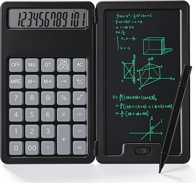 12-Digit Portable Calculator with Notepad Stylus, 6.5" LCD Writing Tablet | Foldable Desktop Calculator with Stylus, Portable Professional Financial Notepad for School, Office & Business(Black)