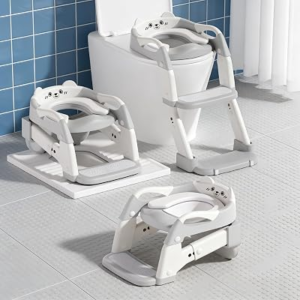 Potty Chair, potty training toilet seat with step stool ladder for Kids and Toddler Boys Girls – Kids Potty Training Soft Padded Seat (Grey+White)