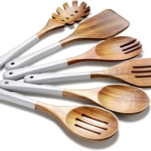 Wooden Spoons For Cooking, 6 Pieces Natural Acacia Wooden Cooking Utensils or Non-Stick Wooden Kitchen Utensil Set for Kitchen Essentials, Wood Cooking Utensils Set with Hanging Hole, Grey