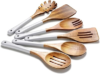 Wooden Spoons For Cooking, 6 Pieces Natural Acacia Wooden Cooking Utensils or Non-Stick Wooden Kitchen Utensil Set for Kitchen Essentials, Wood Cooking Utensils Set with Hanging Hole, Grey