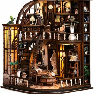 Book Nook Kit-DIY Miniature House for Adult and Teen Beginners, 3D Wooden Library Dollhouse with LED Light, Bookshelf Decor (Basque Study)